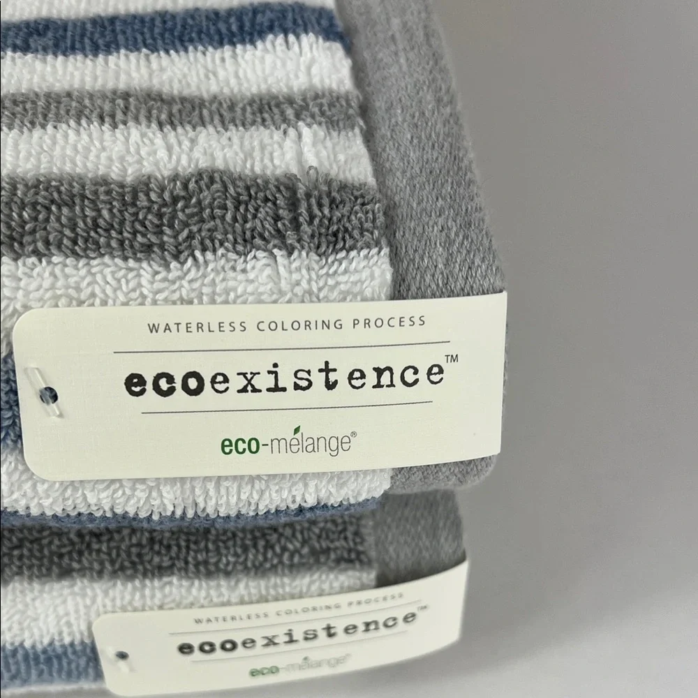 Ecoexistence Bath Towels eco-melange Blue Gray White Striped Cotton 2 pc NEW